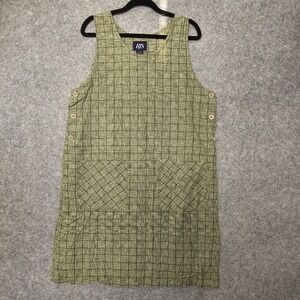 Jumper Dress Womens Medium Sage Green BJS Plaid Button Side Cotton Cottage NEW